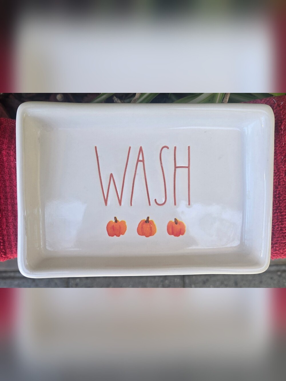 Rae Dunn Cream 'Wash' Bath Soap Dish with Orange Pumpkin Accents